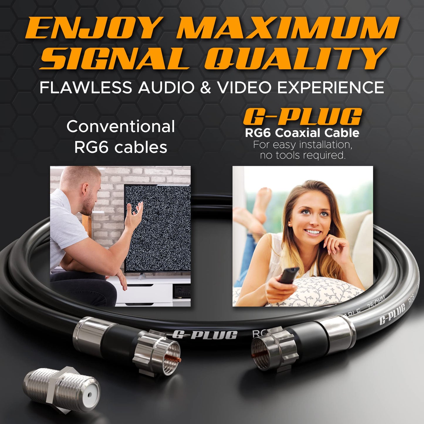 G-PLUG 25FT RG6 Coaxial Cable Connectors Set – High-Speed Internet, Broadband, Digital TV Aerial, Satellite Extension – Weather-Sealed Double Rubber O-Ring and Compression Connectors – White