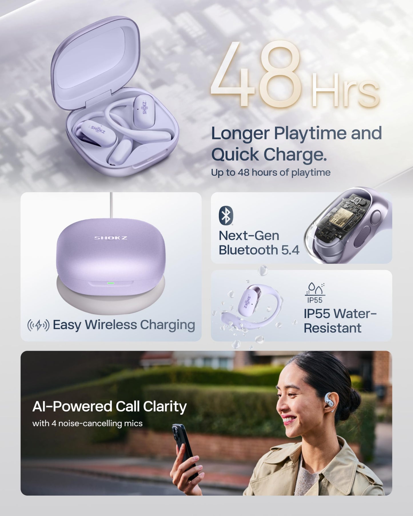 SHOKZ New OpenFit 2+ Open-Ear Headphones, Dolby Audio Enabled, Comfortable Earbuds with Soft Ear Hooks, 48H Playtime, IP55 Water-Resistant, USB-C Fast Charging, Wireless Charging, Carrying Bag,Black