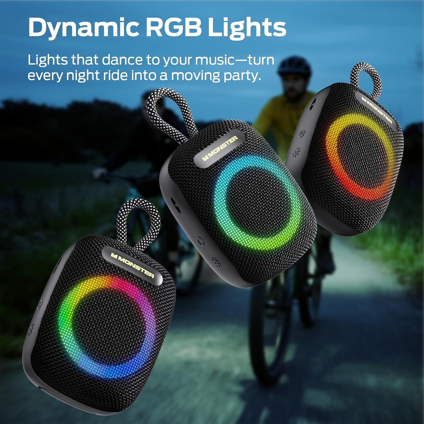 Monster S300 Portable Bluetooth Speaker, IPX7 Waterproof Wireless Bike Speaker with RGB Lights, Powerful Sound, 10H Playtime, Bluetooth 6.0, Bike Accessories, TWS, for Outdoors/Travel/Home, Black