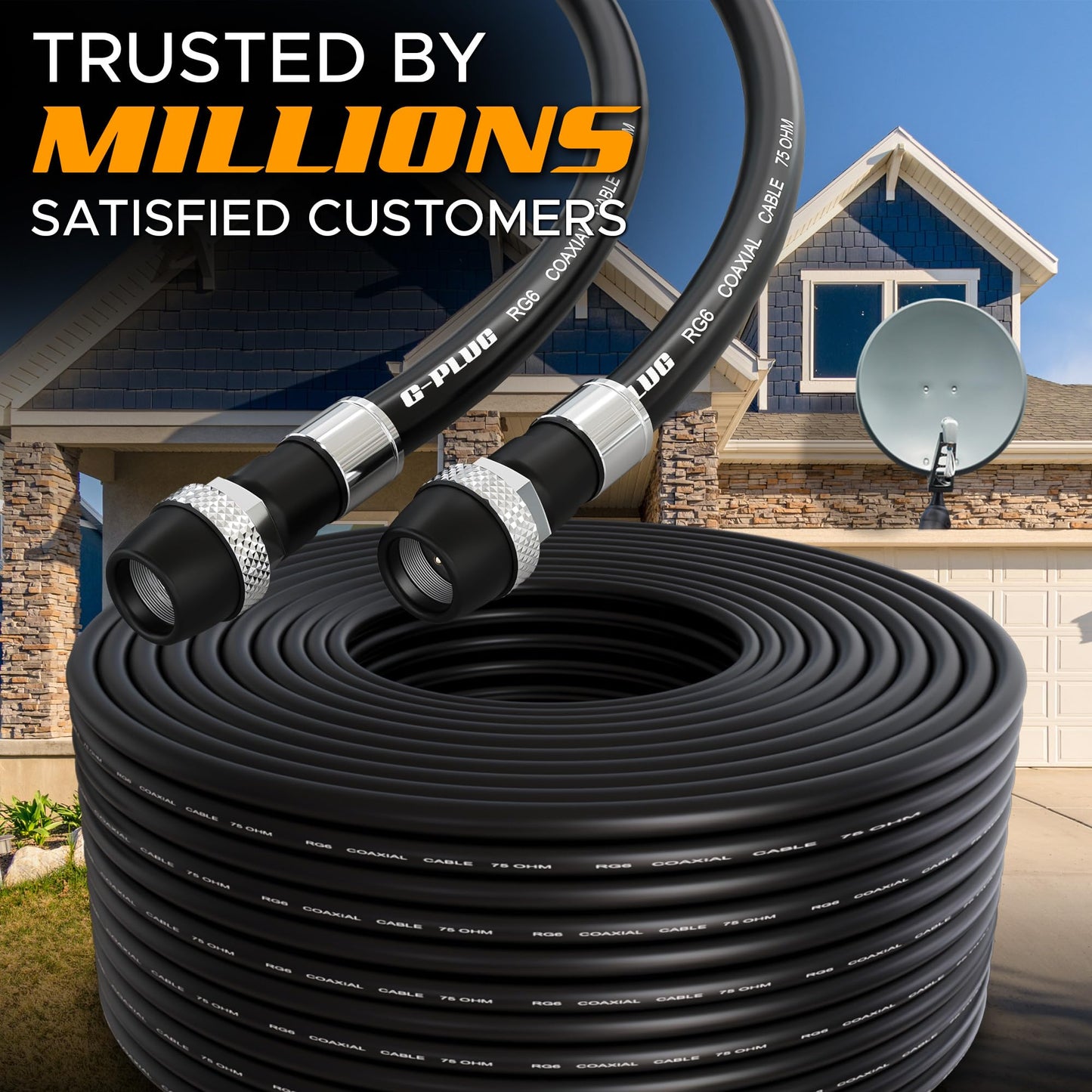 G-PLUG 25FT RG6 Coaxial Cable Connectors Set – High-Speed Internet, Broadband, Digital TV Aerial, Satellite Extension – Weather-Sealed Double Rubber O-Ring and Compression Connectors – White