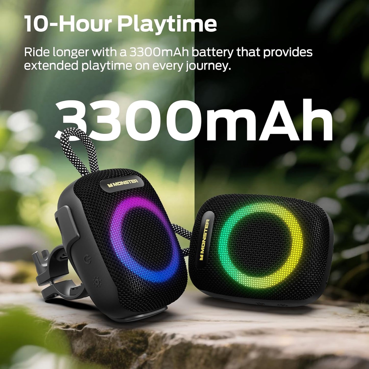 Monster S300 Portable Bluetooth Speaker, IPX7 Waterproof Wireless Bike Speaker with RGB Lights, Powerful Sound, 10H Playtime, Bluetooth 6.0, Bike Accessories, TWS, for Outdoors/Travel/Home, Black