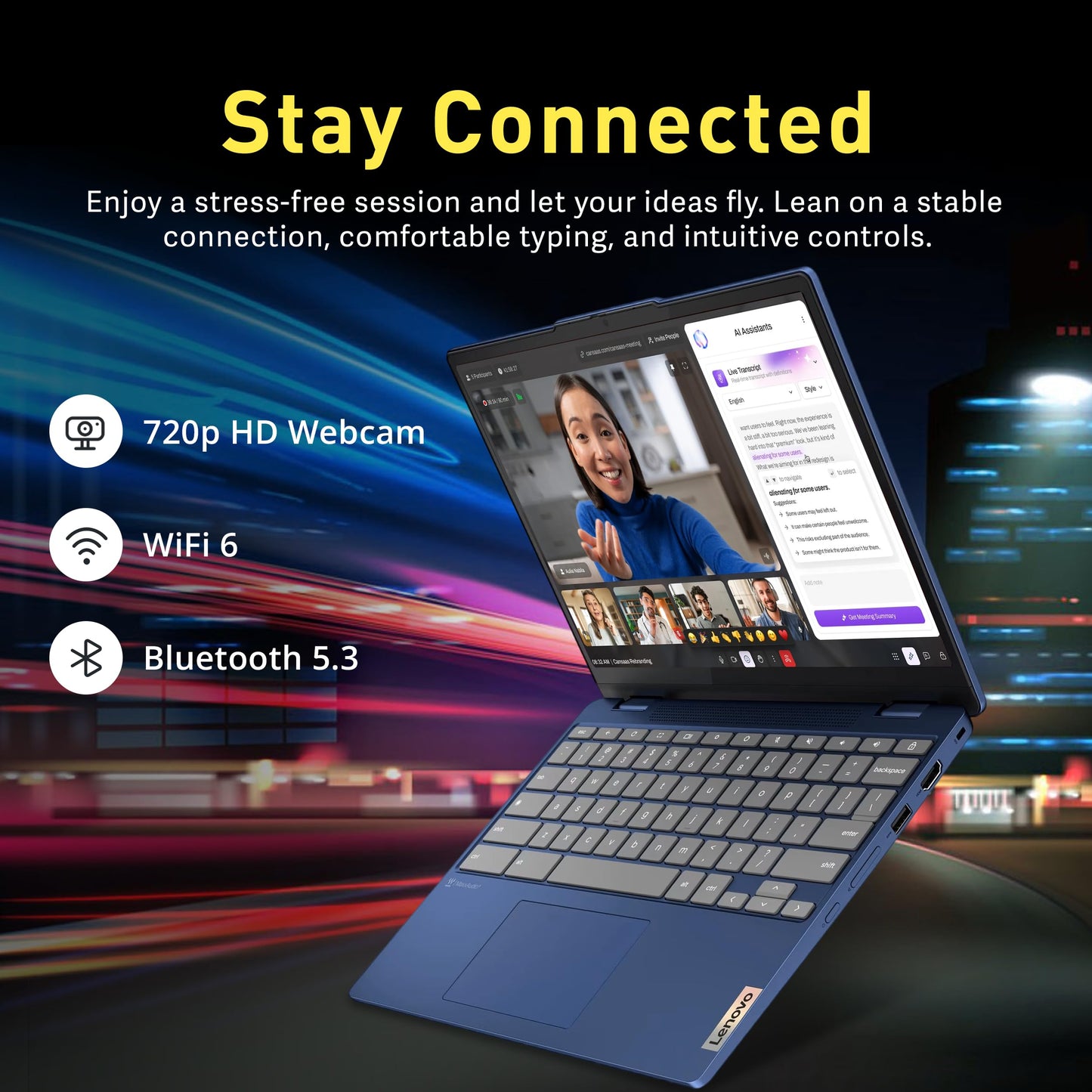 Lenovo Slim 3 Chromebook, 14″ FHD IPS Touchscreen Laptop, 8-Core MediaTek Kompanio 520 Processor, 4GB RAM, 224GB Storage (64GB eMMC+160GB Docking Station Set), WiFi 6, Chrome OS, Abyss Blue