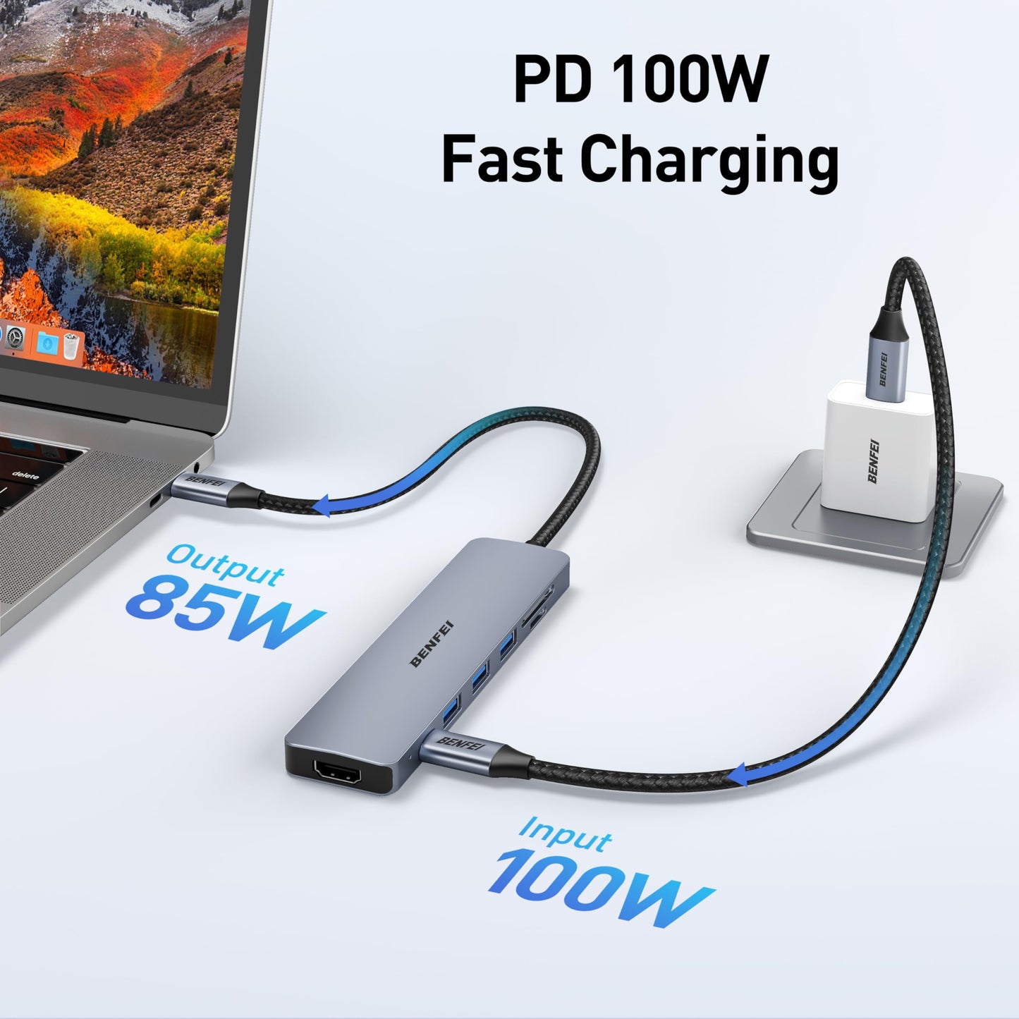 BENFEI USB C HUB 7in1, USB C HUB Multiport Adapter with USB-C to HDMI, USB-C to SD/TF Card Reader/3*USB 3.0/100W Power Delivery, Compatible with iPhone 15 Pro/Max, MacBook, iPad Pro, iMac, S23, XPS17