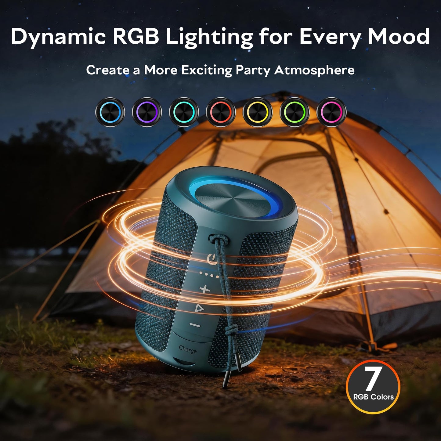 Portable Bluetooth Speaker Wireless, IPX7 Waterproof Dustproof Mini Speakers, 20W Loud Bass Stereo, 15H Playtime, BT5.3 & TWS, RGB Light, for Outdoor/Shower/Home/Party, Stocking Stuffers