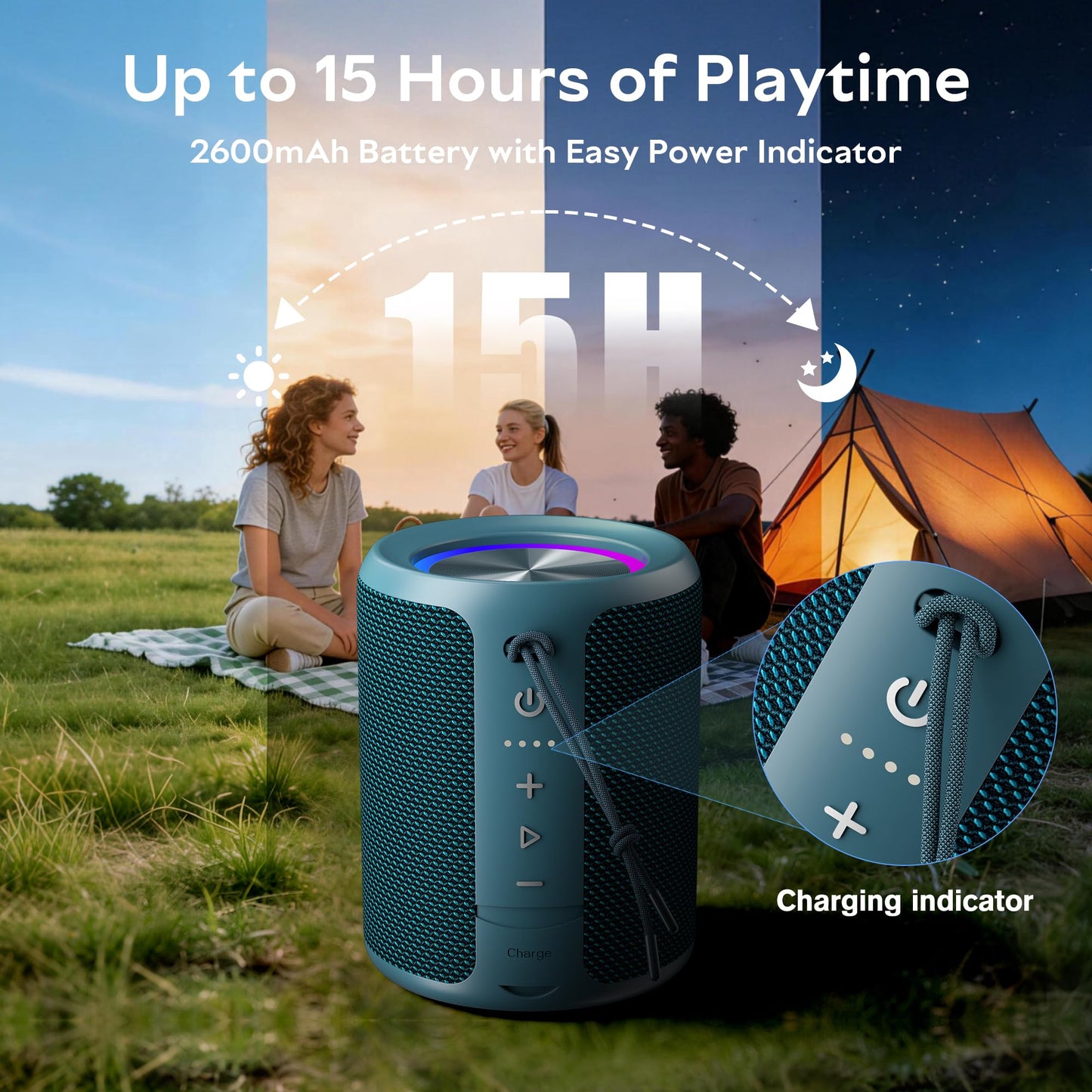 Portable Bluetooth Speaker Wireless, IPX7 Waterproof Dustproof Mini Speakers, 20W Loud Bass Stereo, 15H Playtime, BT5.3 & TWS, RGB Light, for Outdoor/Shower/Home/Party, Stocking Stuffers
