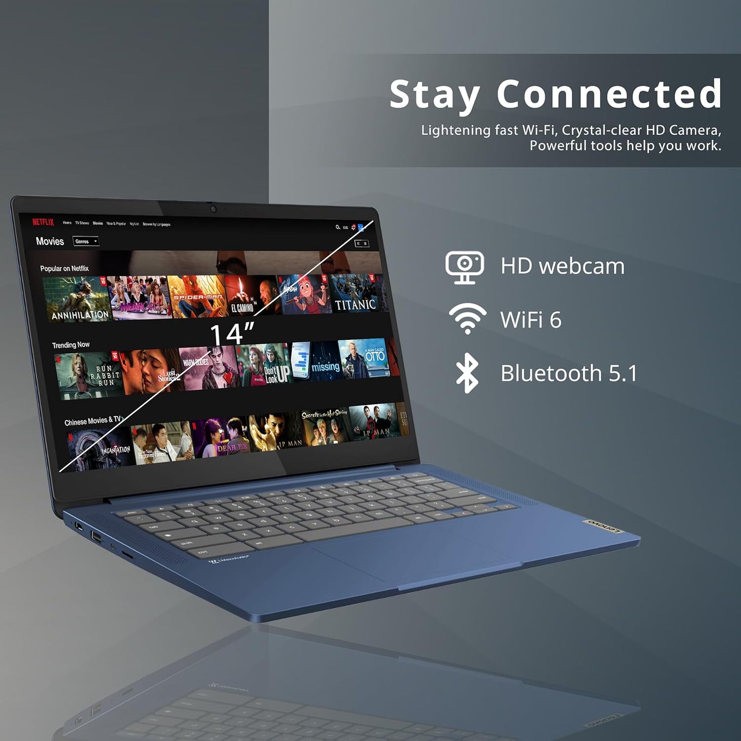 Lenovo 2023 Slim 3 Chromebook, 14″ FHD IPS Touchscreen Laptop, 8-Core MediaTek Kompanio 520 Processor, 4GB RAM, 64GB eMMC, HD Webcam, Stereo Speakers, WiFi 6, Chrome OS, Abyss Blue, 32GB USB Card