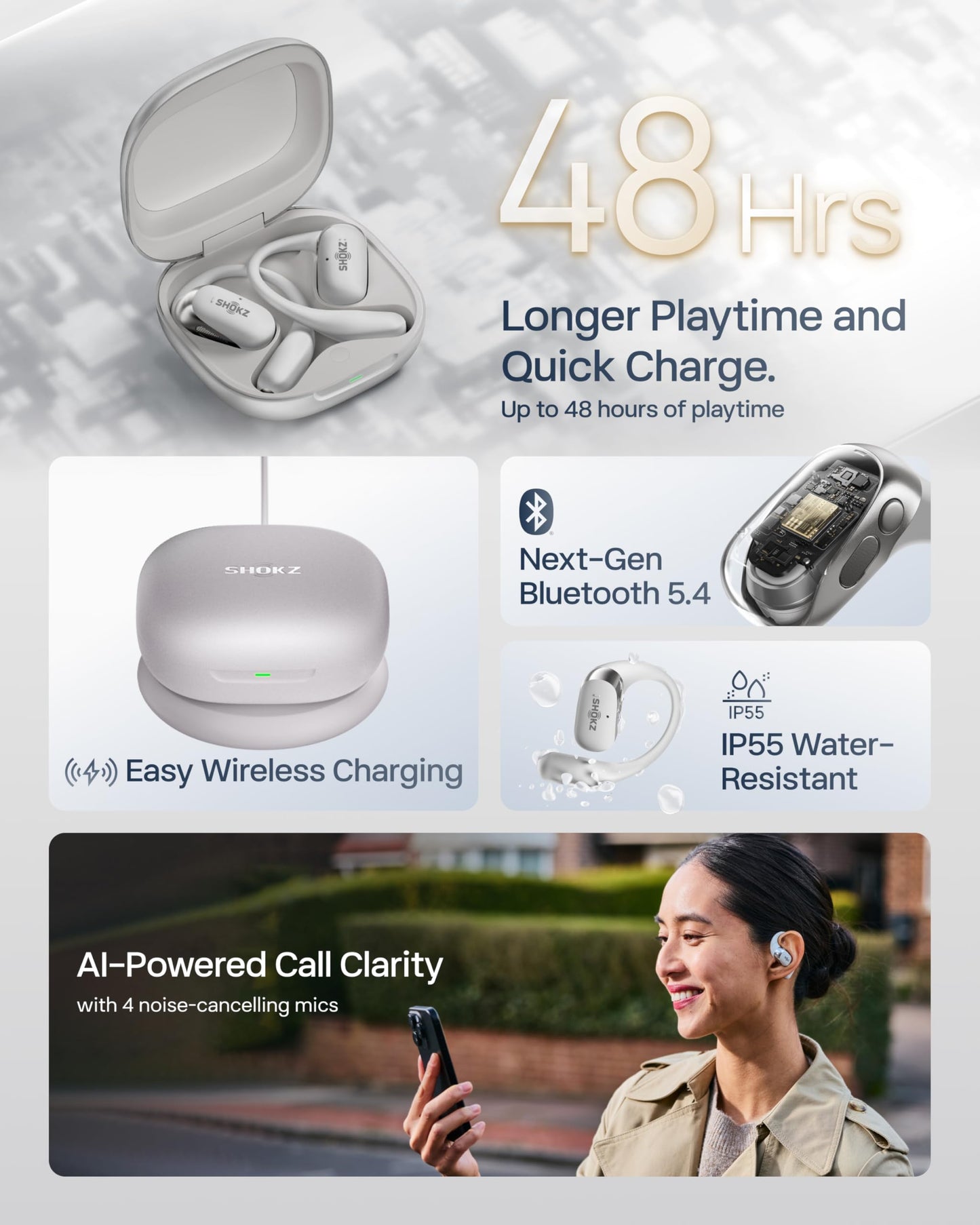 SHOKZ New OpenFit 2+ Open-Ear Headphones, Dolby Audio Enabled, Comfortable Earbuds with Soft Ear Hooks, 48H Playtime, IP55 Water-Resistant, USB-C Fast Charging, Wireless Charging, Carrying Bag,Black