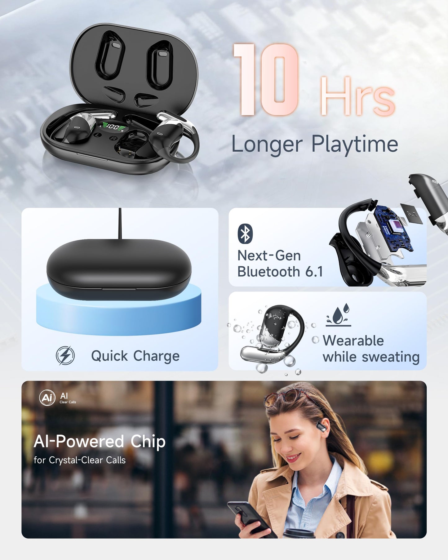 Open Ear Wireless Earbuds, Sports Bluetooth Headphones with Real Time Translation, 80Hrs Playtime with LED Power Display, Noise Canceling Headset, IP55 Waterproof Earphones for Workout/Running Black