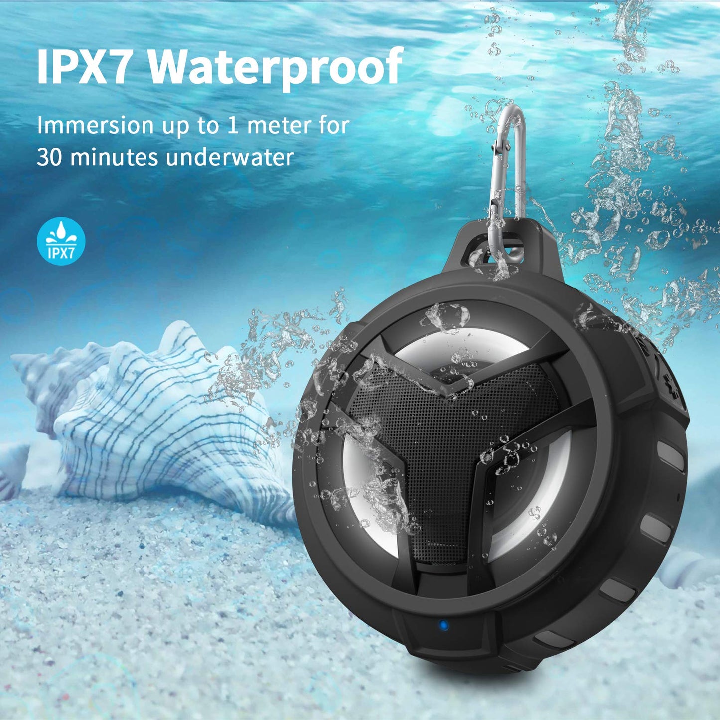 EBODA Bluetooth Shower Speaker, Portable Bluetooth Speakers, IP67 Waterproof Outdoor Speaker Wireless with LED Light, Floating, 2000mAh, True Wireless Stereo for Pool, Kayak, Bike, Golf, Gifts -Black