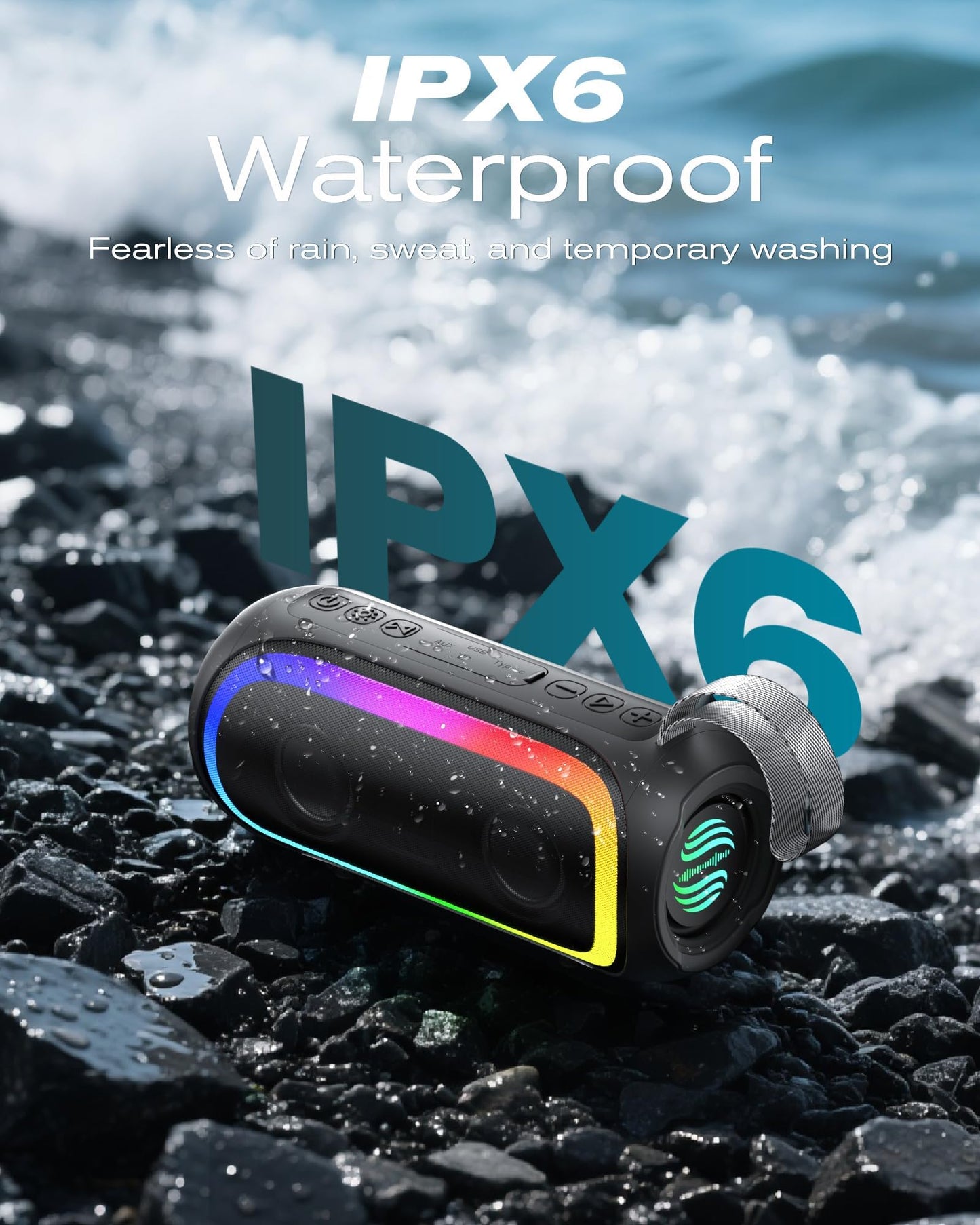 Portable Bluetooth Speaker, IPX6 Waterproof 20W HiFi Stereo Sound with Deep Bass 12H Playtime BT 5.2 Wireless TWS 7 Color Lights soundbox for Smartphone/Tablet/PC Apply to Home/Outdoor