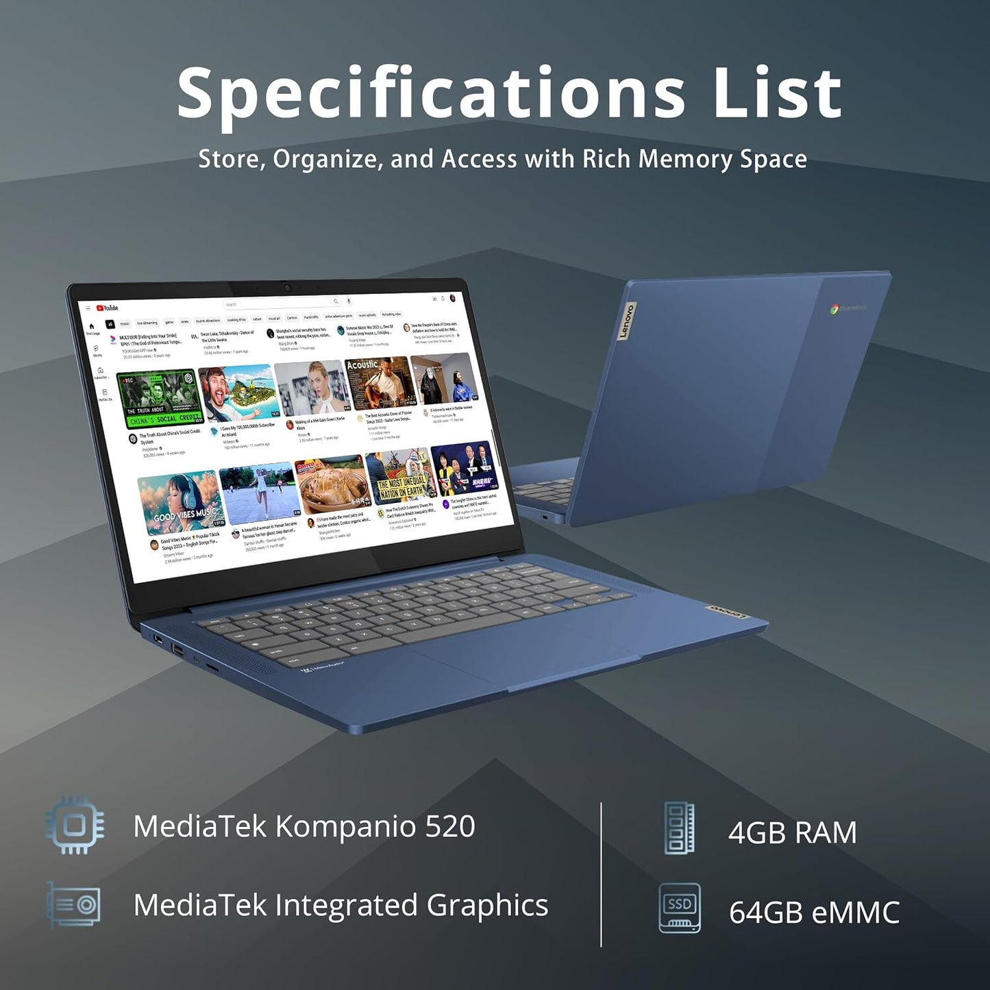 Lenovo 2023 Slim 3 Chromebook, 14″ FHD IPS Touchscreen Laptop, 8-Core MediaTek Kompanio 520 Processor, 4GB RAM, 64GB eMMC, HD Webcam, Stereo Speakers, WiFi 6, Chrome OS, Abyss Blue, 32GB USB Card