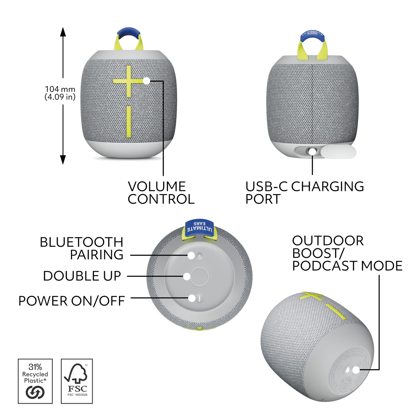 Ultimate Ears WONDERBOOM 4 Portable Waterproof Bluetooth Speaker with Big Bass and 360-Degree Sound, Dustproof Floating Speaker with 131ft (40m) Range - Black
