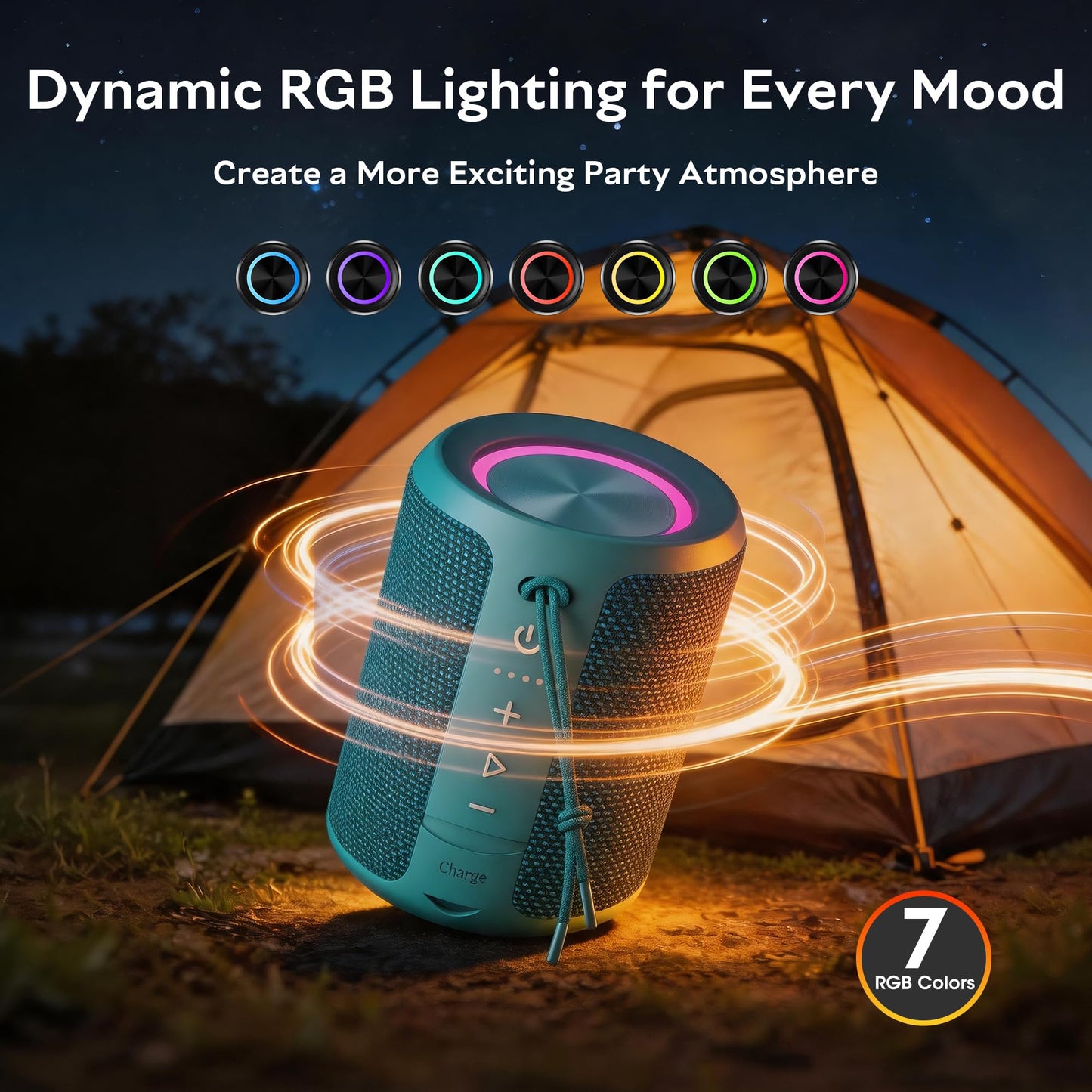 Portable Bluetooth Speaker Wireless, IPX7 Waterproof Dustproof Mini Speakers, 20W Loud Bass Stereo, 15H Playtime, BT5.3 & TWS, RGB Light, for Outdoor/Shower/Home/Party, Stocking Stuffers