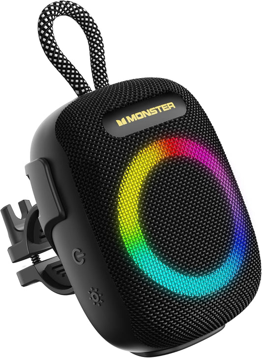 Monster S300 Portable Bluetooth Speaker, IPX7 Waterproof Wireless Bike Speaker with RGB Lights, Powerful Sound, 10H Playtime, Bluetooth 6.0, Bike Accessories, TWS, for Outdoors/Travel/Home, Black