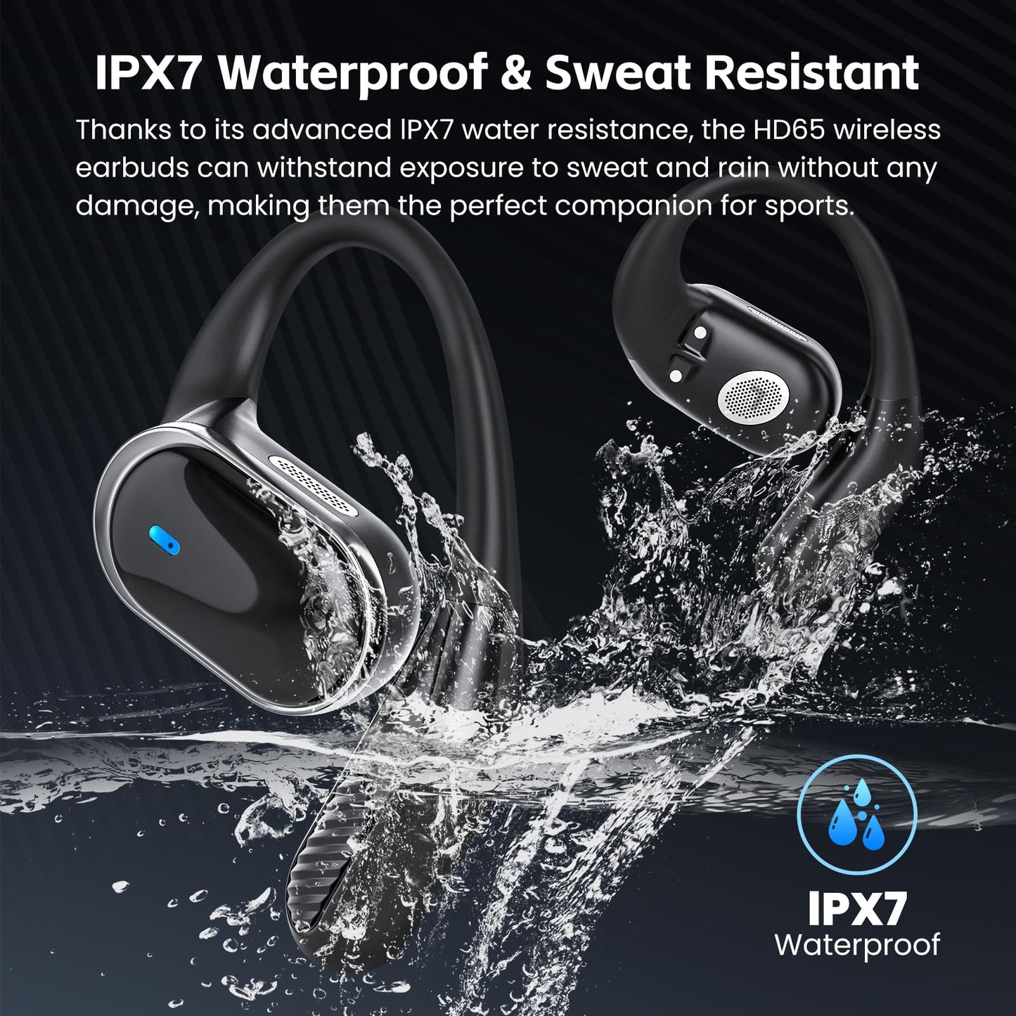 Open Ear Wireless Earbuds Bluetooth Headphones, 80H Playtime Stereo Ear Buds with ENC Noise Cancelling, Fast Charging, IPX7 Waterproof Sports Earphones with Earhook for Running/Workouts (Black)