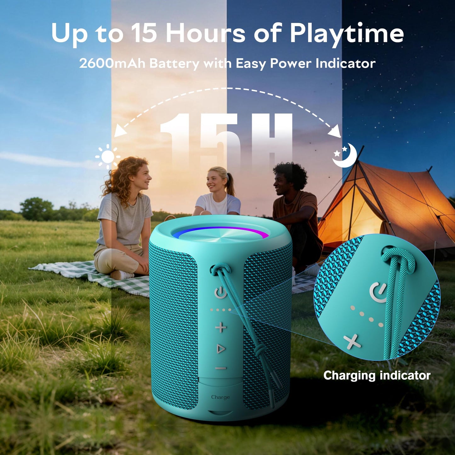 Portable Bluetooth Speaker Wireless, IPX7 Waterproof Dustproof Mini Speakers, 20W Loud Bass Stereo, 15H Playtime, BT5.3 & TWS, RGB Light, for Outdoor/Shower/Home/Party, Stocking Stuffers