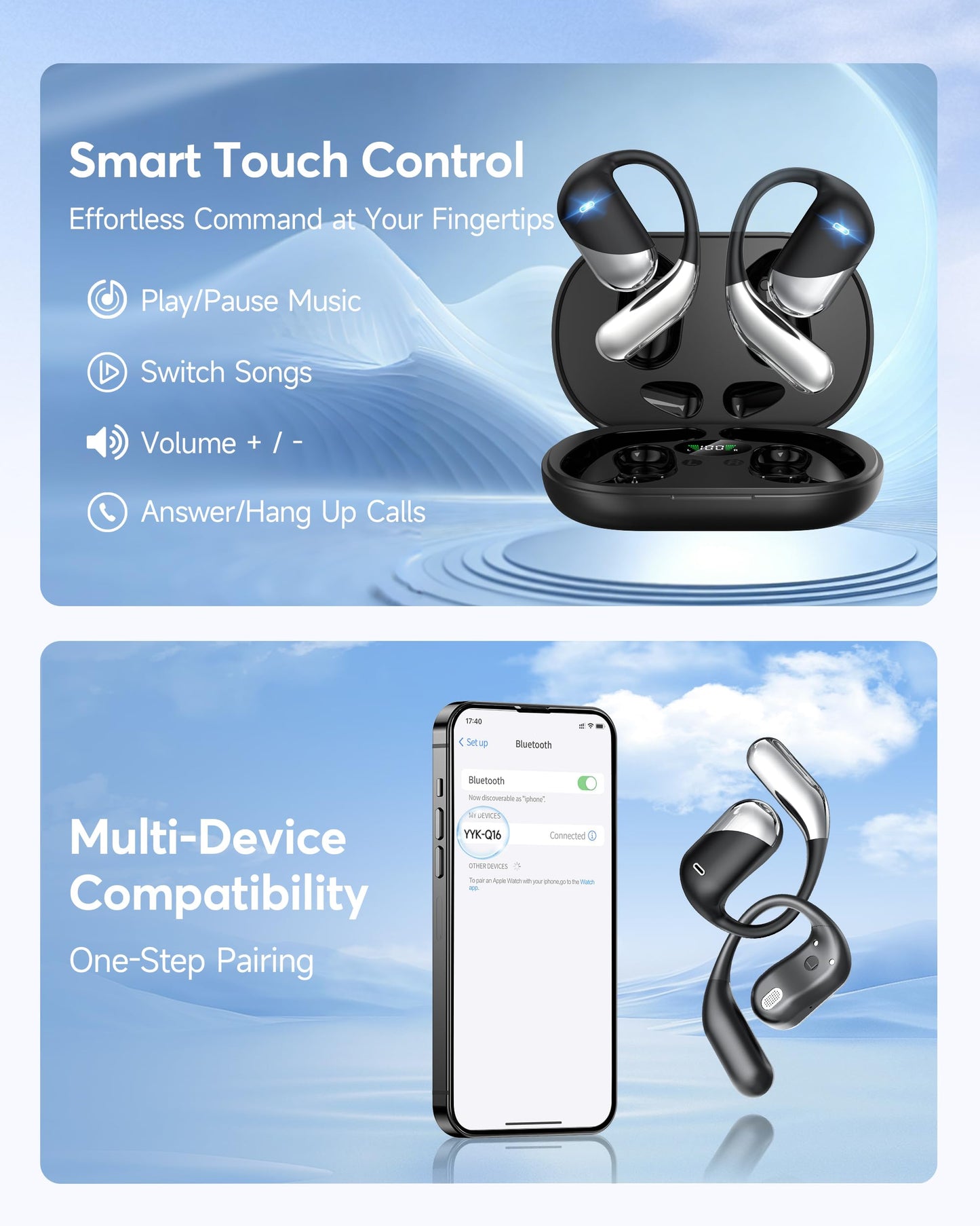 Open Ear Wireless Earbuds, Sports Bluetooth Headphones with Real Time Translation, 80Hrs Playtime with LED Power Display, Noise Canceling Headset, IP55 Waterproof Earphones for Workout/Running Black