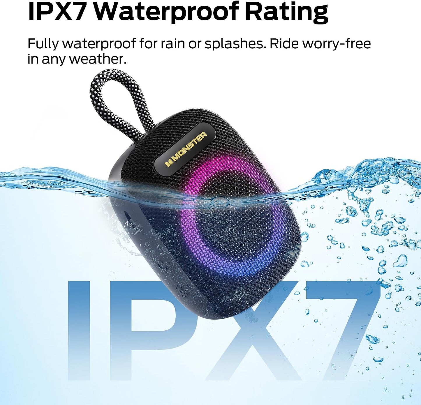 Monster S300 Portable Bluetooth Speaker, IPX7 Waterproof Wireless Bike Speaker with RGB Lights, Powerful Sound, 10H Playtime, Bluetooth 6.0, Bike Accessories, TWS, for Outdoors/Travel/Home, Black
