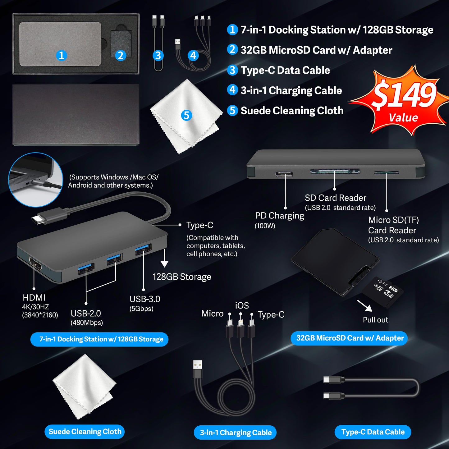 Lenovo Slim 3 Chromebook, 14″ FHD IPS Touchscreen Laptop, MediaTek Kompanio 520 Processor, 4GB RAM, 224GB Storage (64GB eMMC+160GB Docking Station Set), Webcam, Chrome OS, Abyss Blue