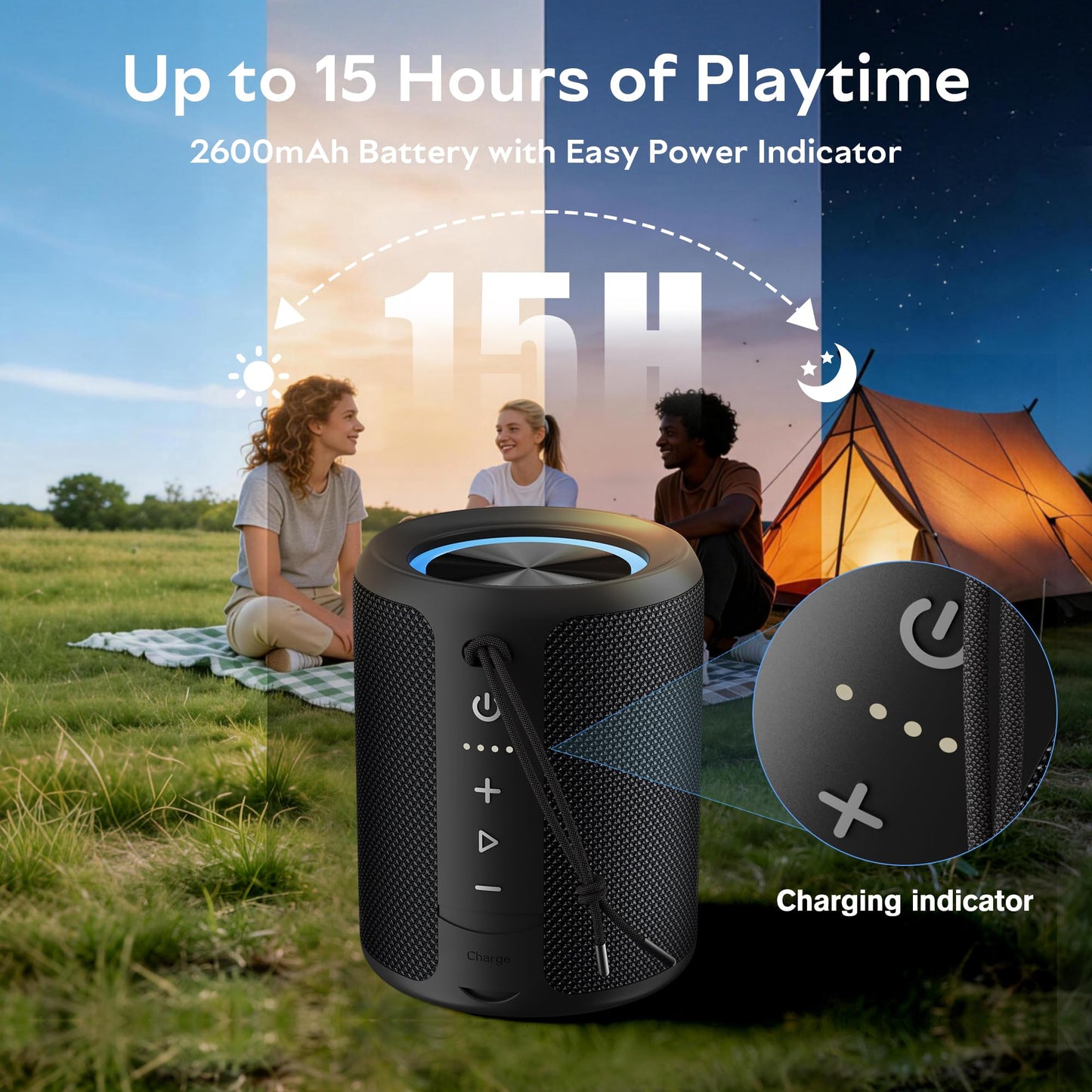 Portable Bluetooth Speaker Wireless, IPX7 Waterproof Dustproof Mini Speakers, 20W Loud Bass Stereo, 15H Playtime, BT5.3 & TWS, RGB Light, for Outdoor/Shower/Home/Party, Stocking Stuffers