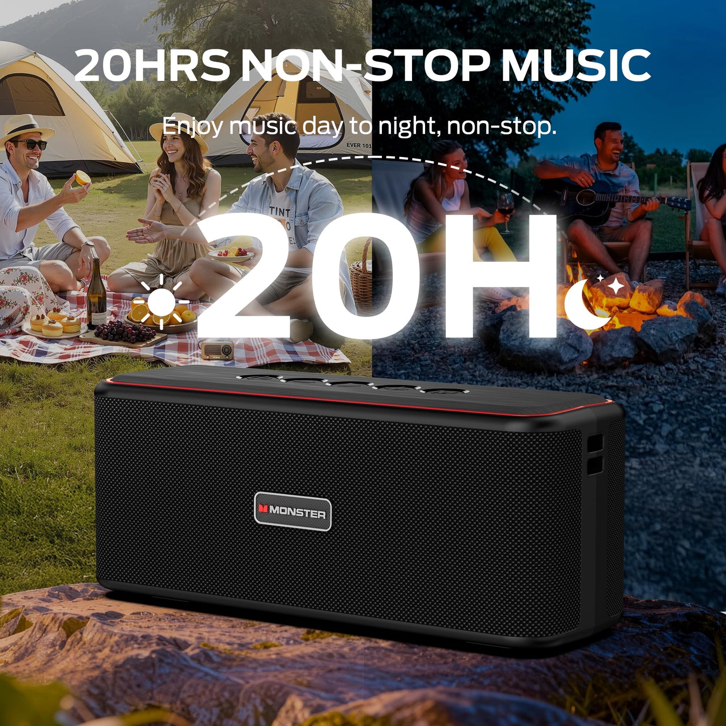Monster Shock Plus Bluetooth Speaker, Portable Speaker with 40W Loud Stereo Sound, Bluetooth 6.0,TWS Pairing, 20H Playtime,Support AUX/TF Card, IPX6 Waterproof Wireless Speaker for Travel,Home,Outdoor